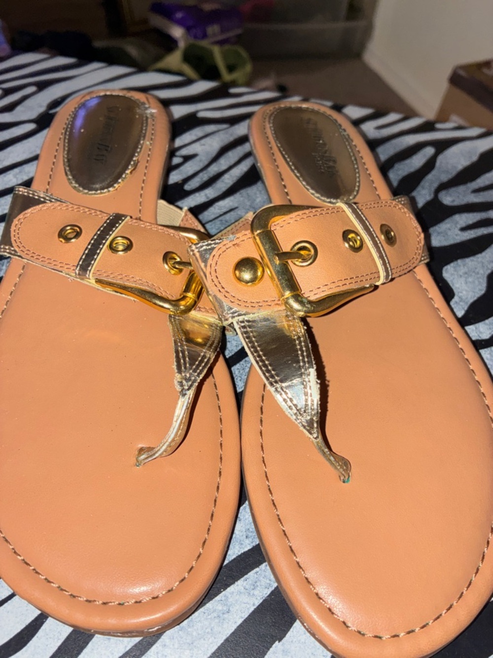 St. John's Bay Metallic Gold T-Strap Sandals with Brown Footbed